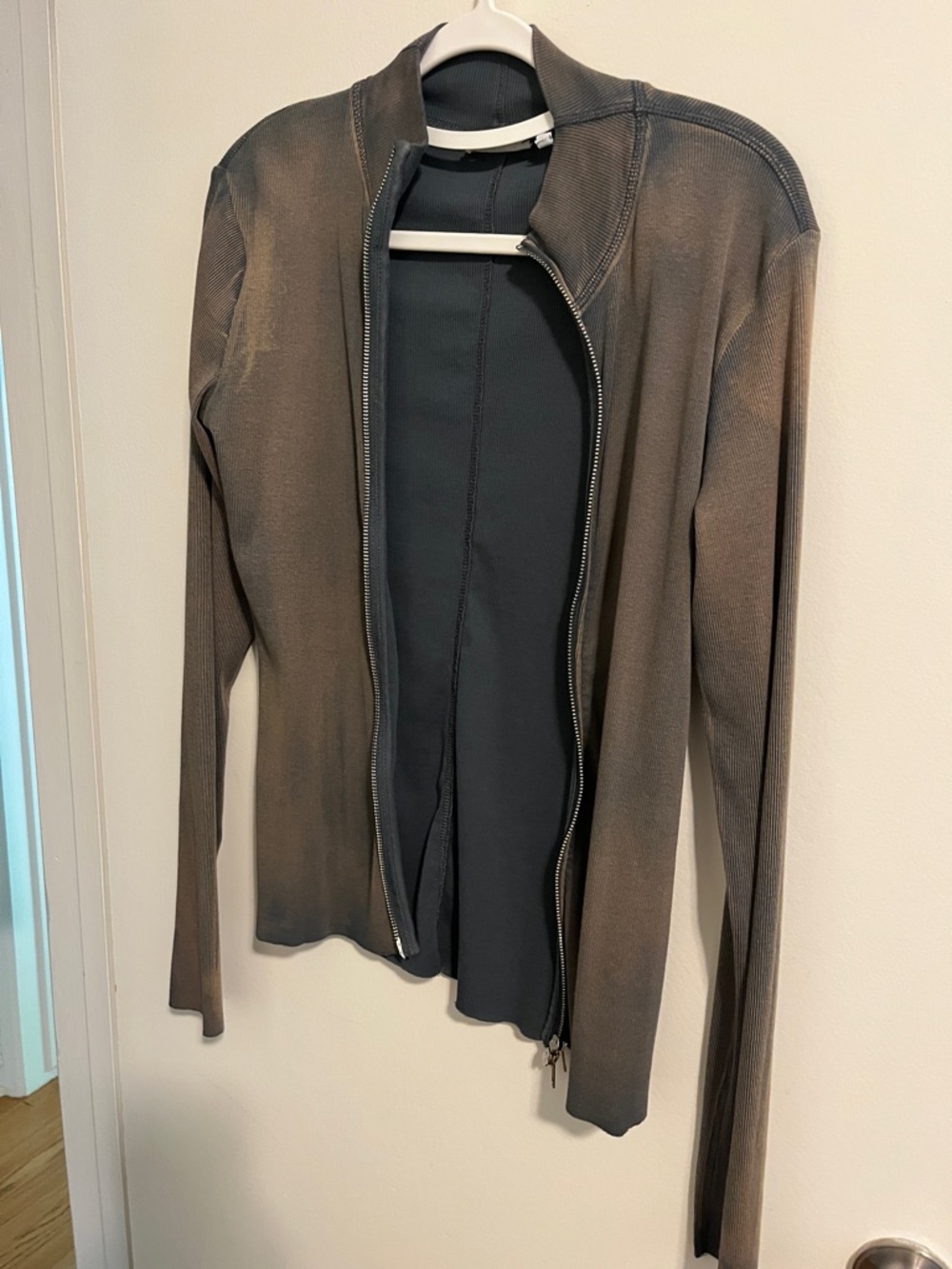 Weekday Long Sleeve Zip Front Jersey in Charcoal Brown Blue. - Distressed.